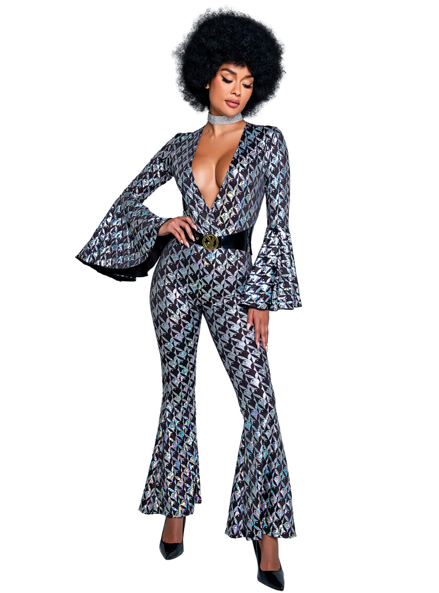Womens Sexy Playboy Bunny Silver and Black Holographic Print 70s Disco Fever Costume - Main Image