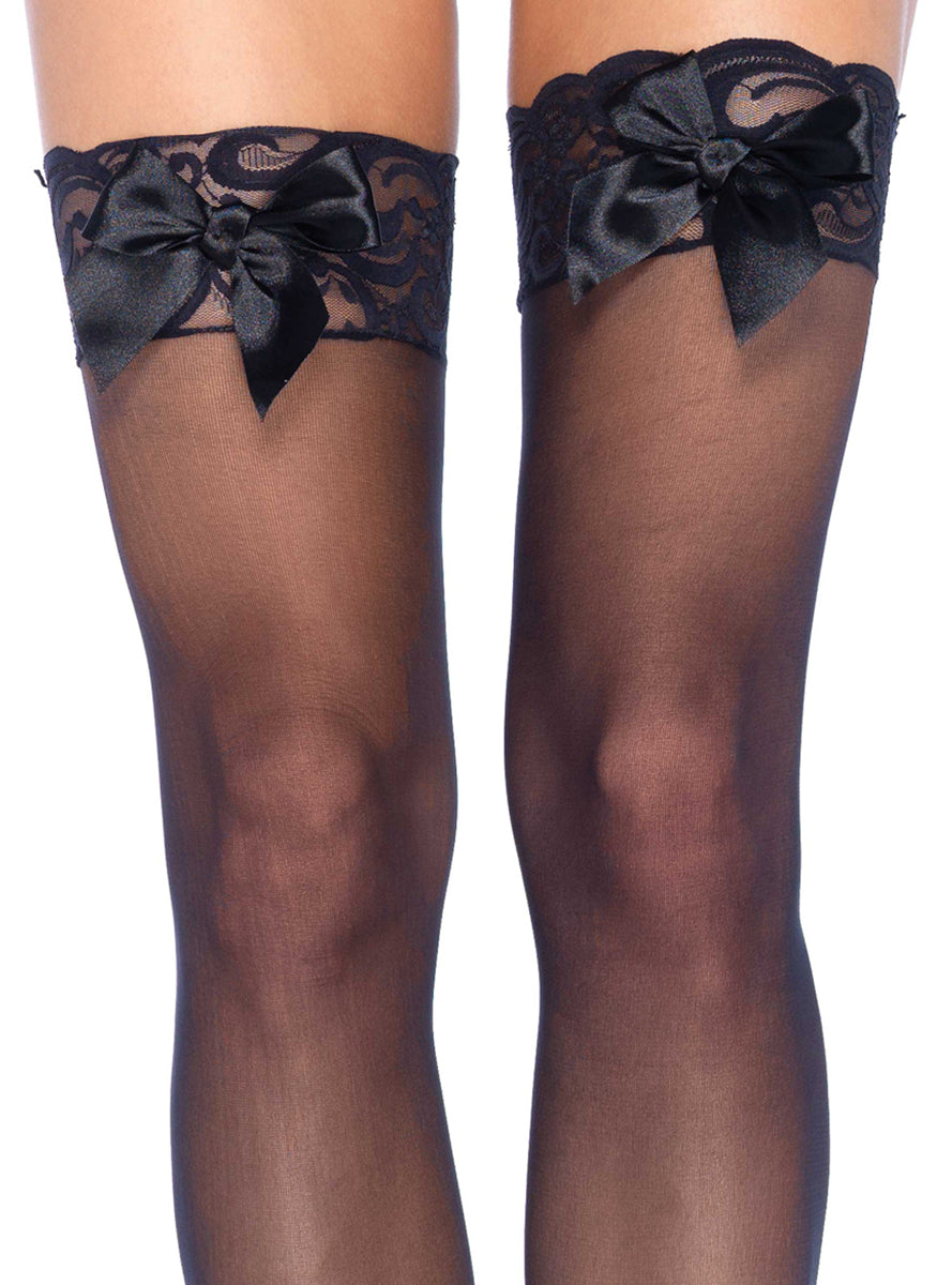 Womens Sheer Black Thigh Highs With Lace Tops And Bows Close Image