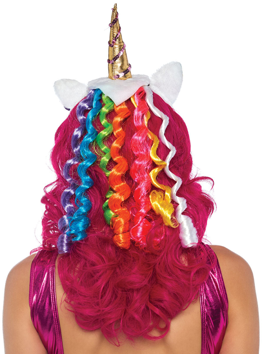 Womens Unicorn Costume Headband With Rainbow Wig Mane Back Image
