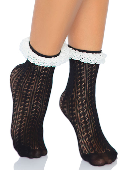 Womens Zig Zag Crochet Black Ankle Socks With White Ruffled Eyelet Lace