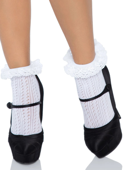 Womens Zig Zag Crochet White Ankle Socks With Ruffled Eyelet Lace Main Image