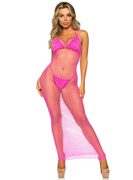 Woven Twist Neon Pink Net Sheer Maxi Dress