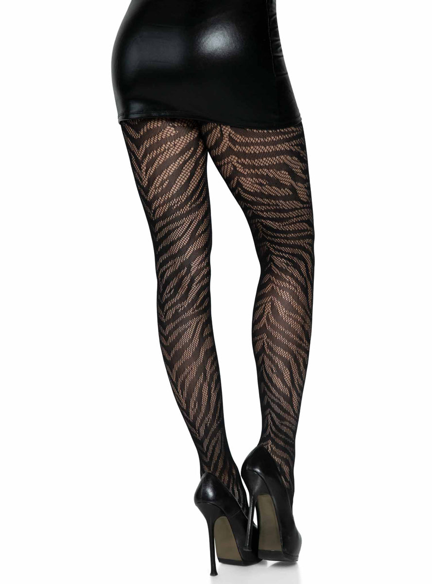 Womens Black Zebra Net Full Length Costume Stockings Back Image