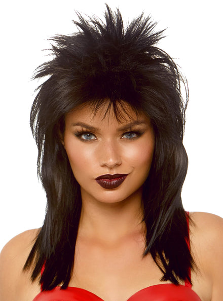 Adults Straight Black Rockstar Mullet Costume Wig Main Image