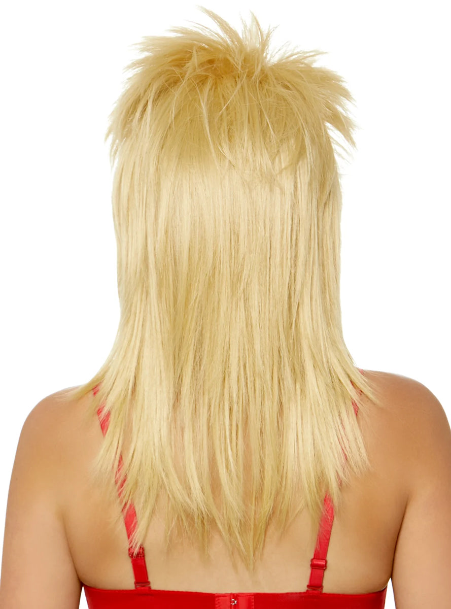 Adults Straight Blonde Rockstar Mullet Costume Wig Back Image
