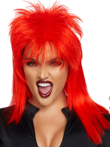 Adults Straight Bright Red Rockstar Mullet Costume Wig Main Image
