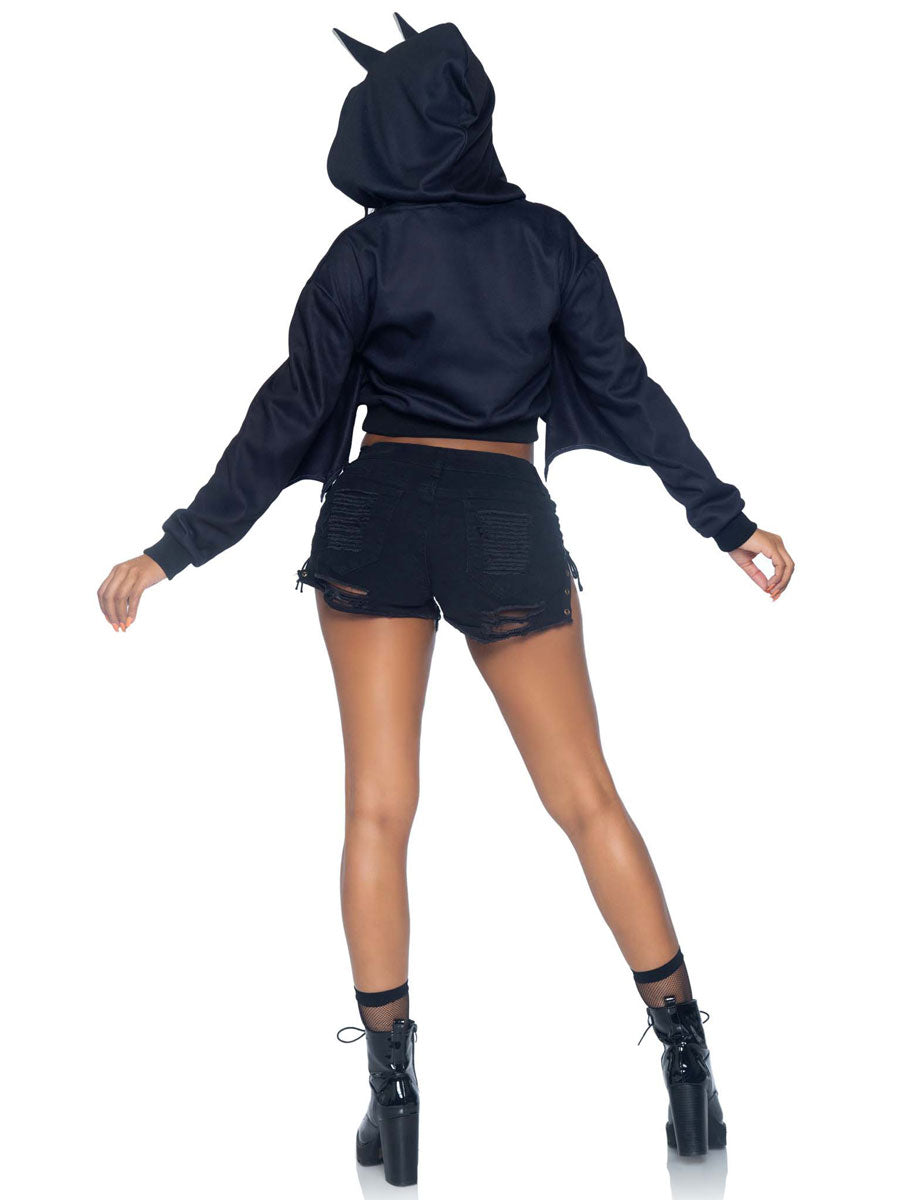 Womens Black Batwing Cropped Halloween Costume Hoodie Back Image