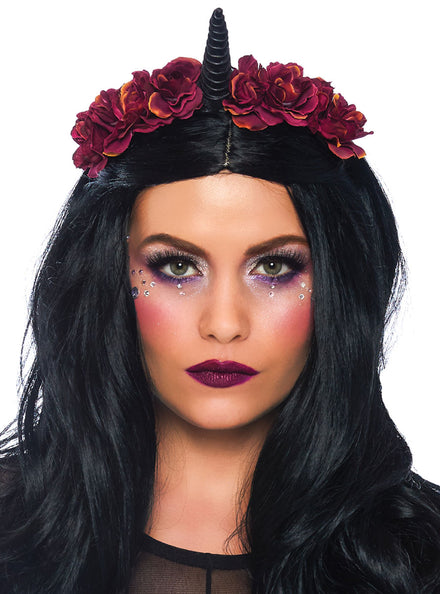 Black And Burgundy Womens Velvet Unicorn Flower Costume Headband