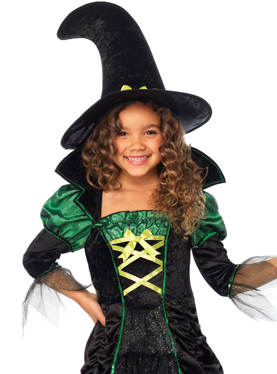 Girls Black And Green Storybook Witch Halloween Costume Close Image 3