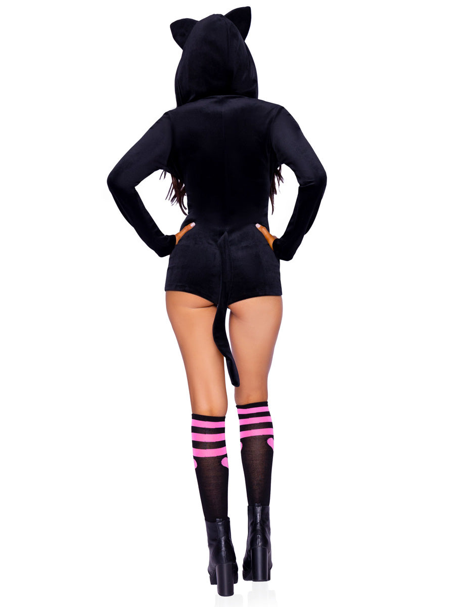 Womens Sexy Black Cat Velvet Plush Animal Romper Costume Back Image