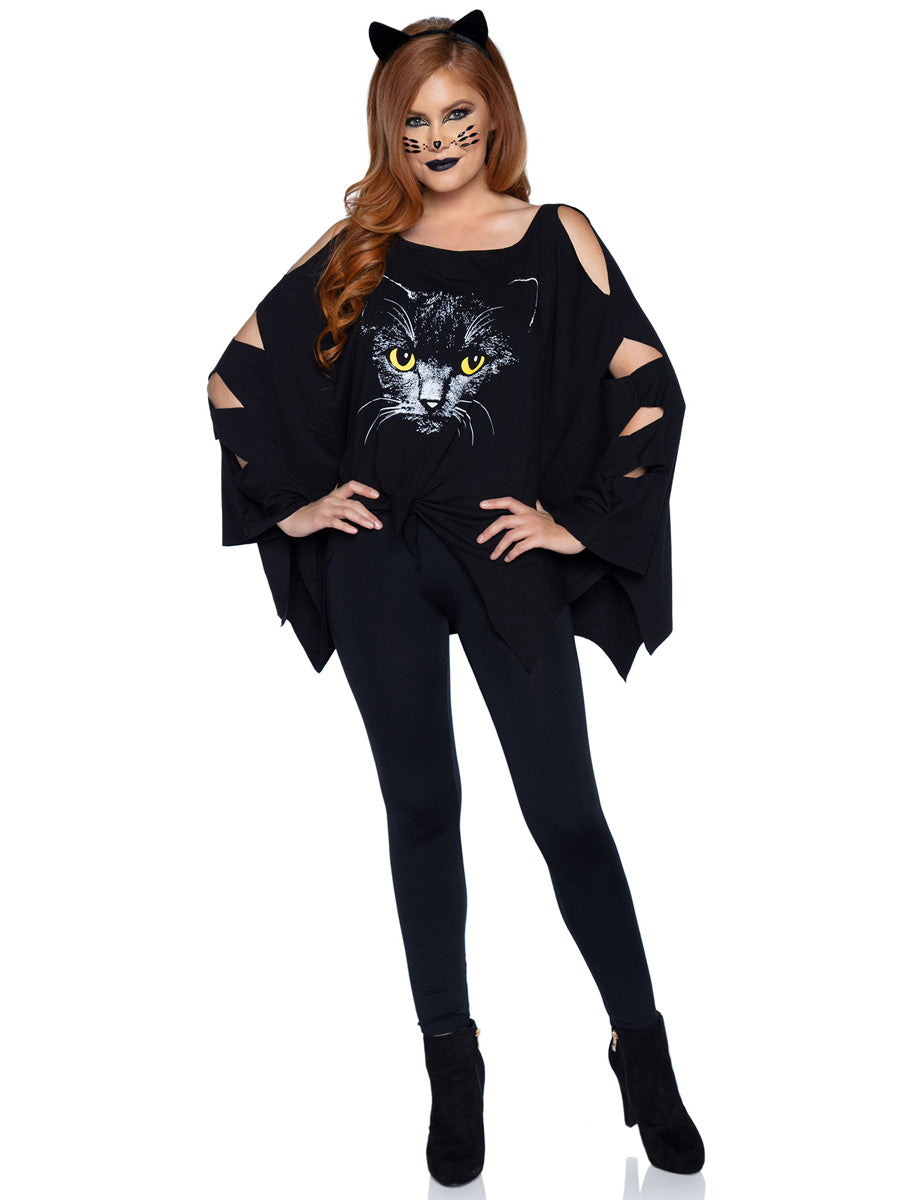 Womens Black Cat Halloween Costume Poncho Main Image