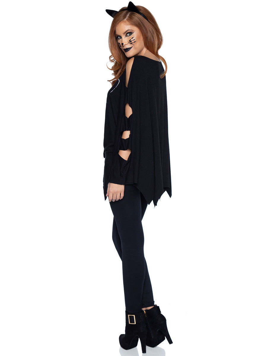 Womens Black Cat Halloween Costume Poncho Side Image
