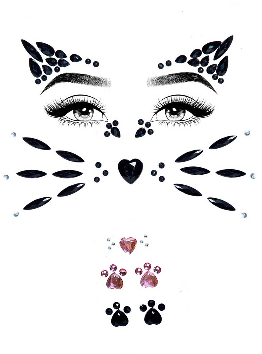 Womens Black Cat Stick On Costume Face Jewels Main Image