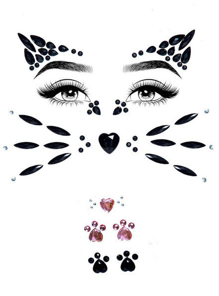Womens Black Cat Stick On Costume Face Jewels Main Image
