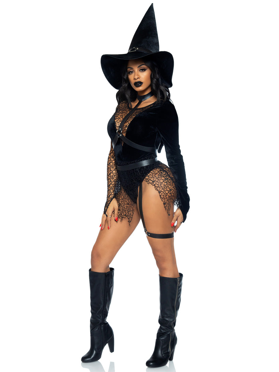 Womens Sexy Black Crafty Witch Halloween Bodysuit Costume Side Image