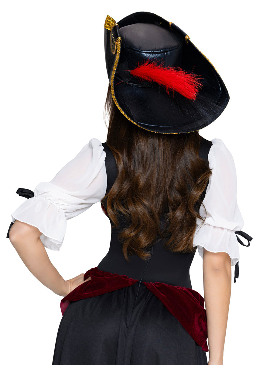 Faux Black Leather Pirate Hat with Feather