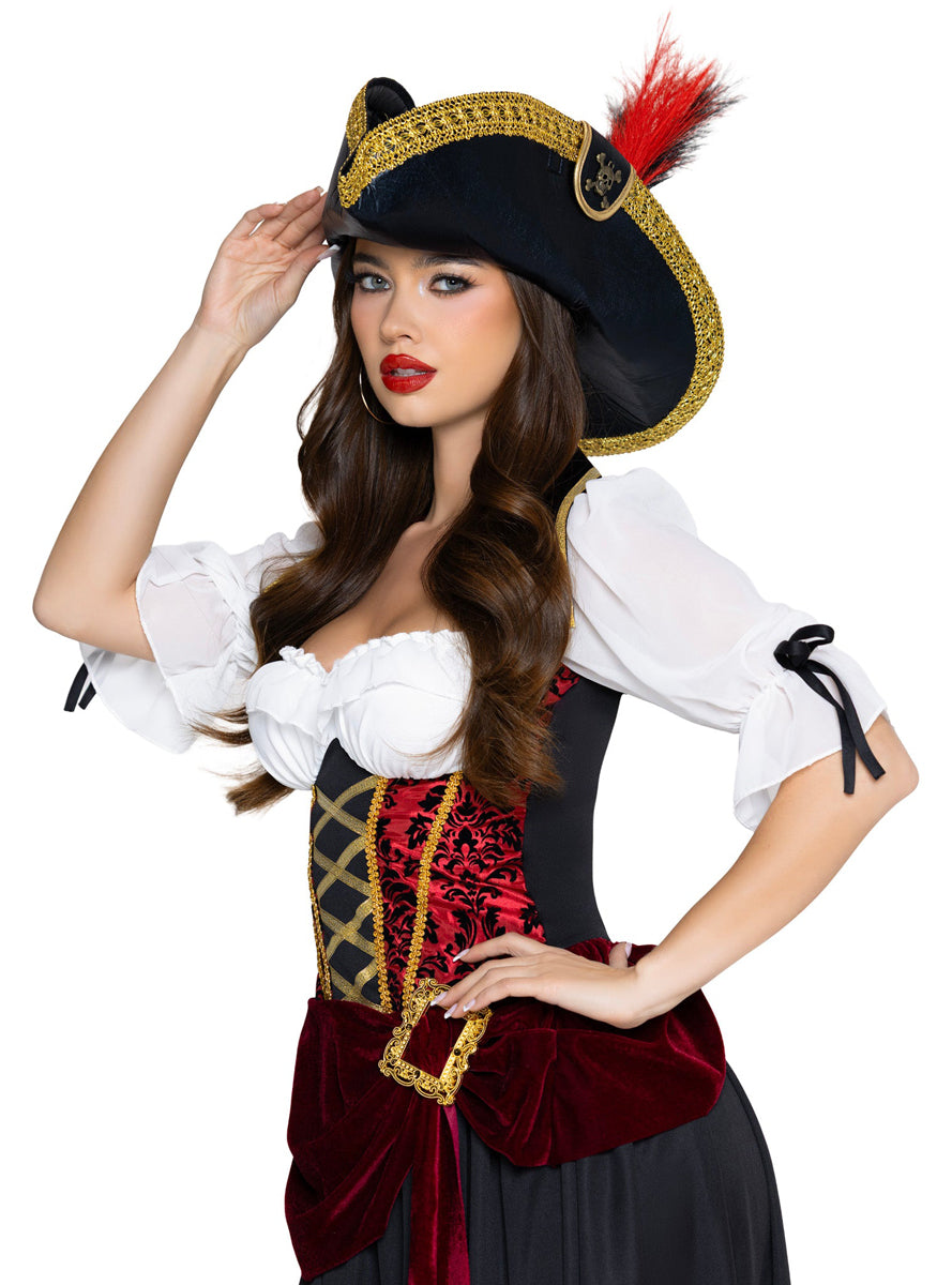 Faux Black Leather Pirate Hat with Feather