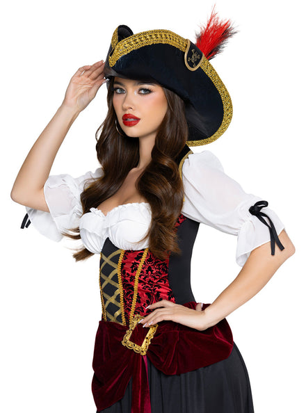 Faux Black Leather Pirate Hat with Feather