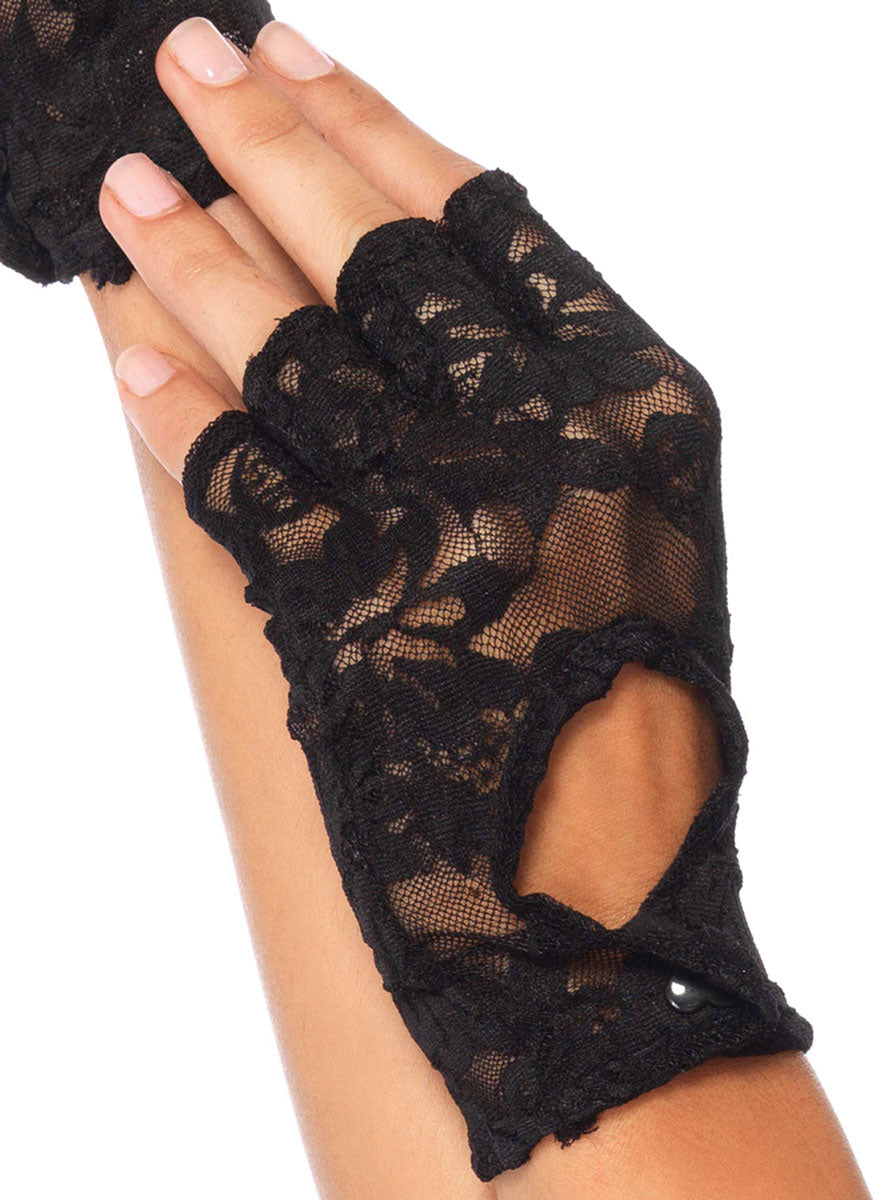 Black Lace Keyhole Fingerless Costume Gloves Close Image