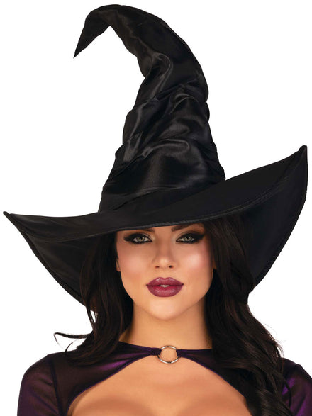 Black Satin Womens Ruched Halloween Witch Costume Hat Main Image
