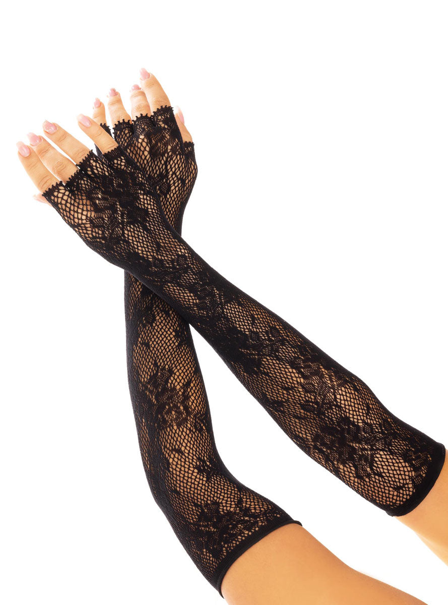 Black Seamless Lace Opera Length Fingerless Costume Gloves