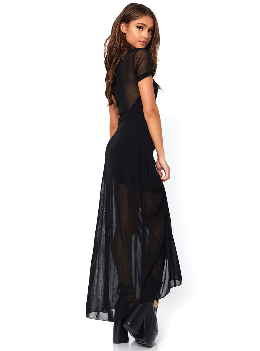 Black Sheer Mesh Womens Short Sleeved High Slit Costume Dress Back Image