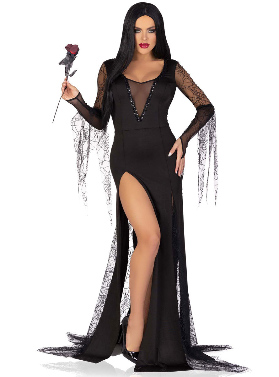Womens Sexy Black Spooky Beauty Morticia Halloween Costume Main Image