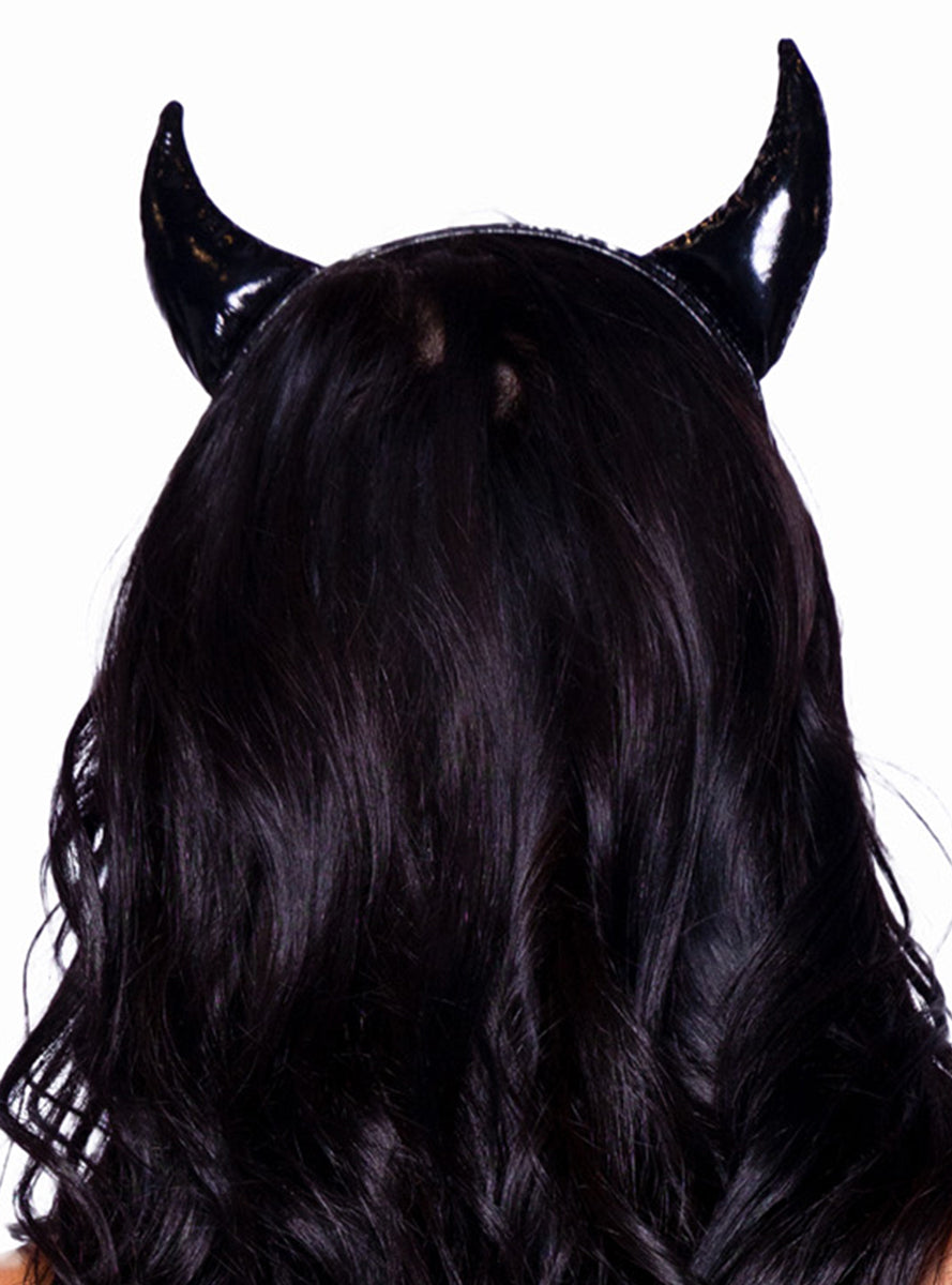 Black Vinyl Womens Devil Horns Halloween Costume Headband Back Image