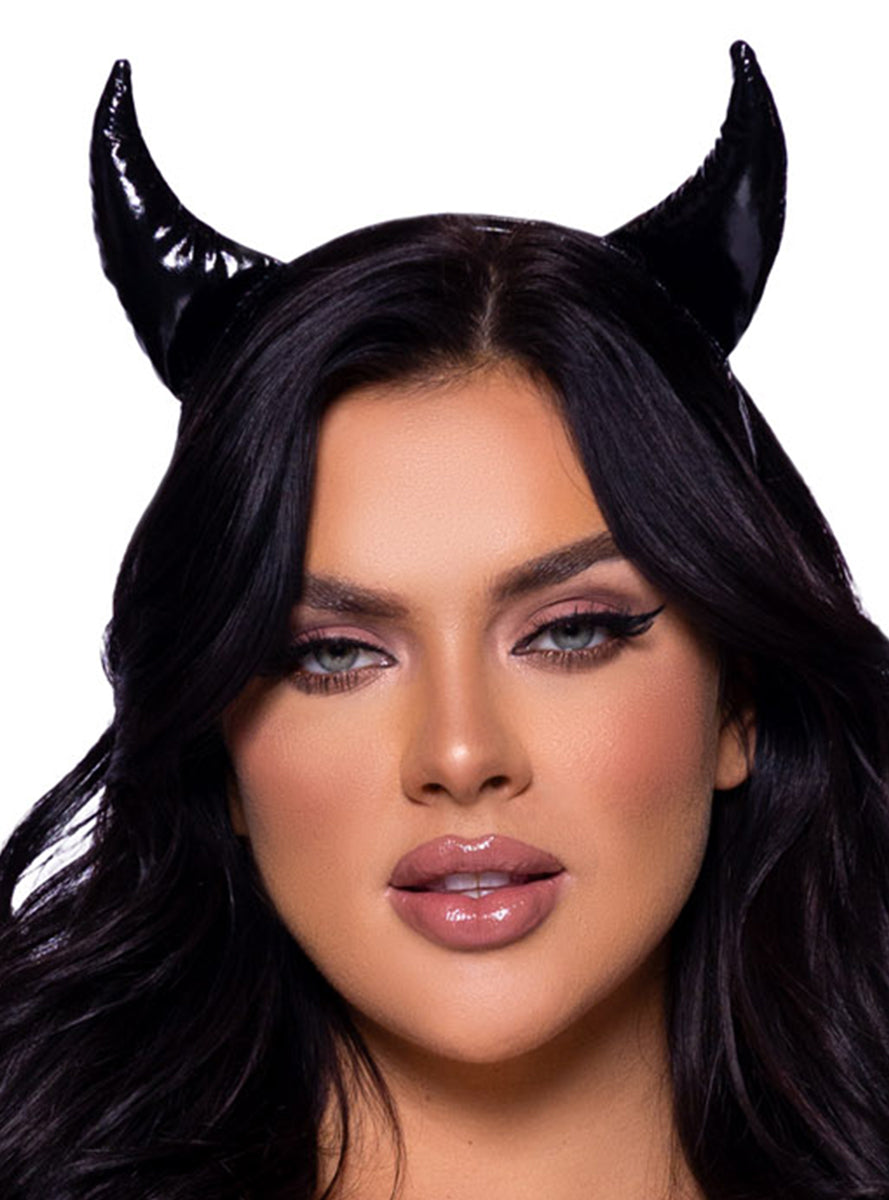 Black Vinyl Womens Devil Horns Halloween Costume Headband Main Image