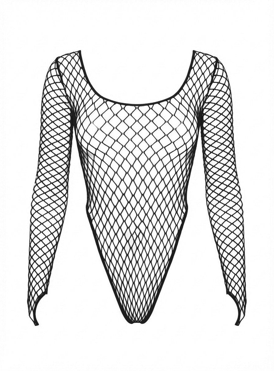 Black Wide Fishnet Long Sleeve Bodysuit Alternate Image