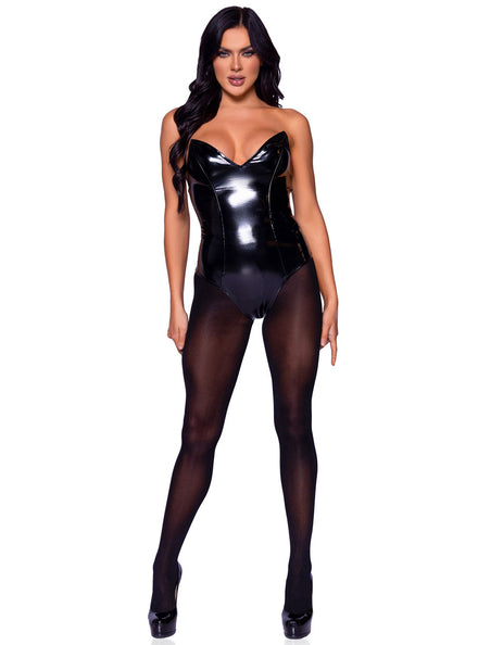 Boned Black Vinyl Womens Costume Bodysuit Main Image