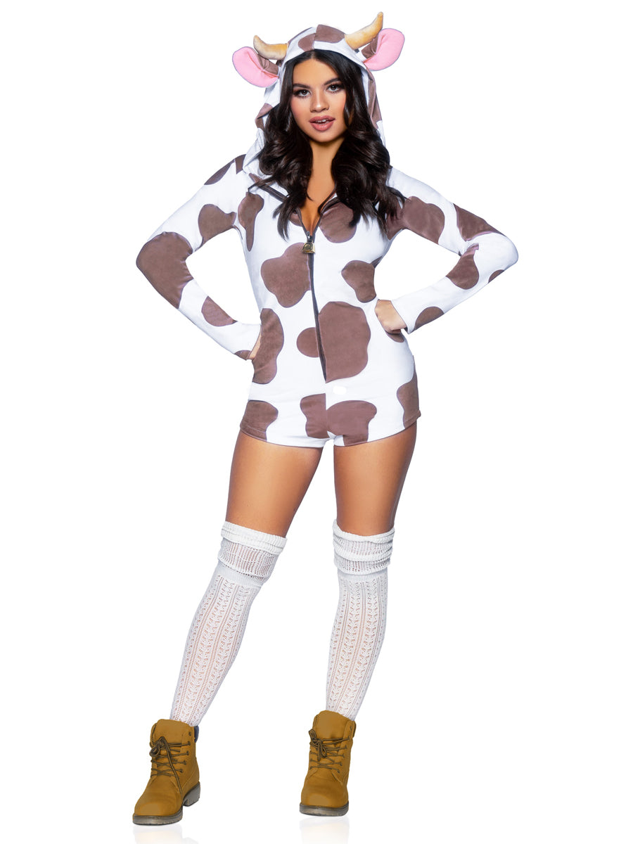 Womens Brown And White Spotted Cow Plush Animal Romper Costume Main Image