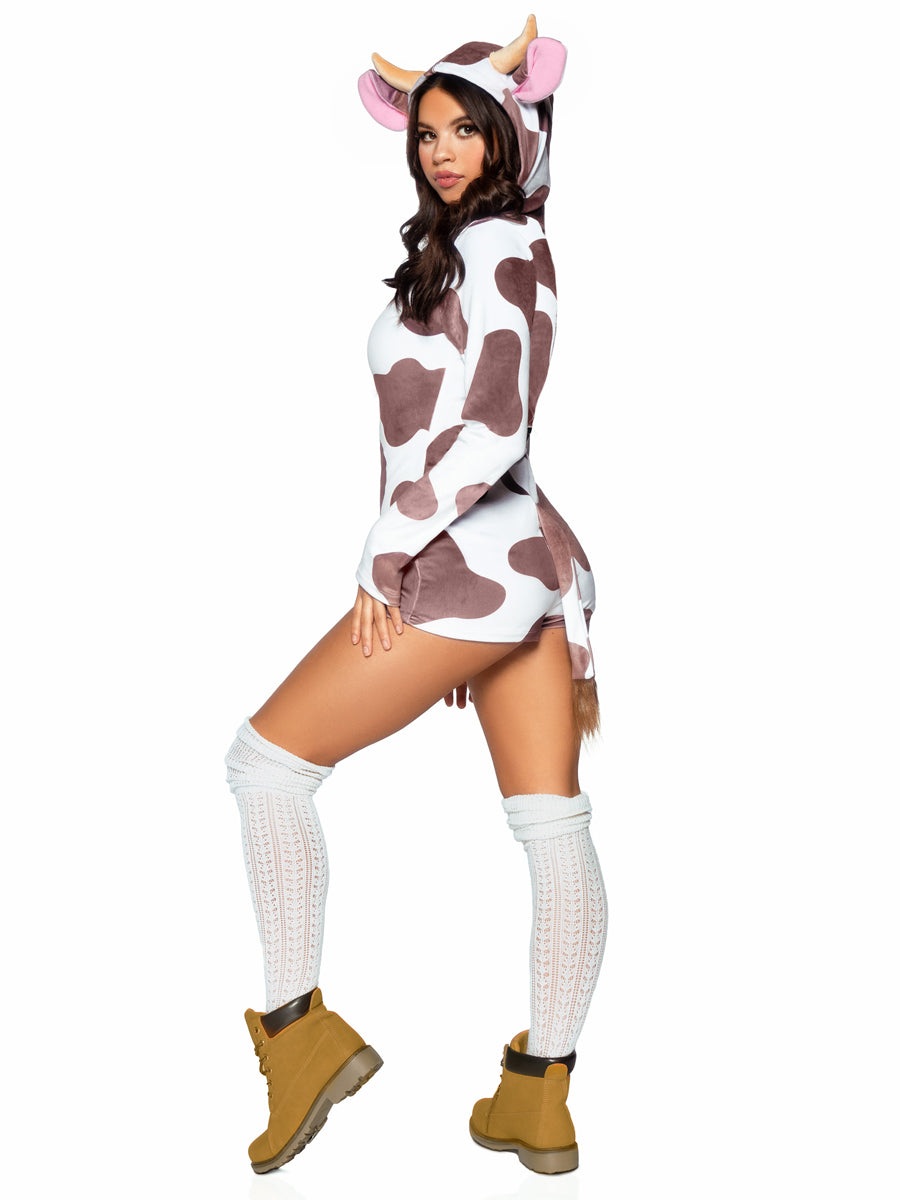 Womens Brown And White Spotted Cow Plush Animal Romper Costume Side Image
