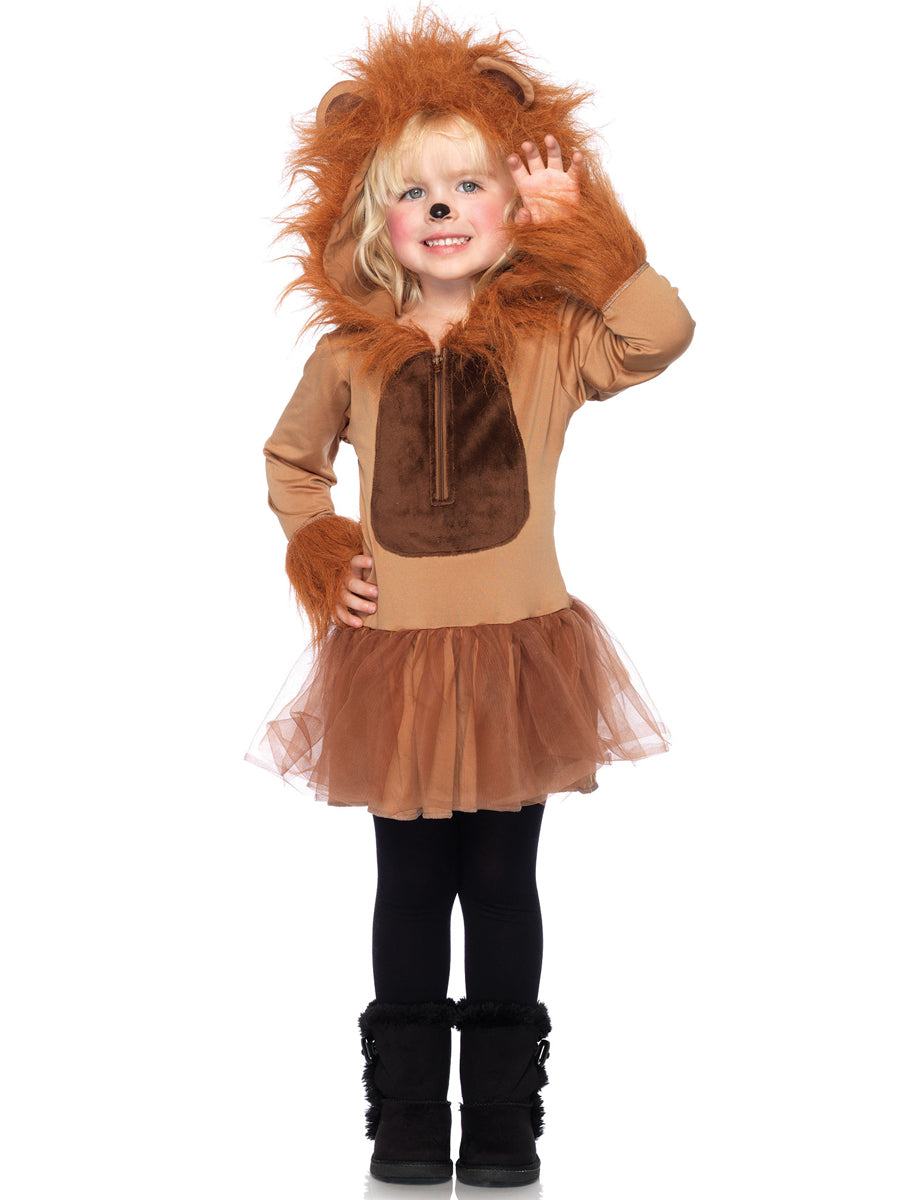 Girls Brown Cuddly Lion Hooded Animal Costume Main Image