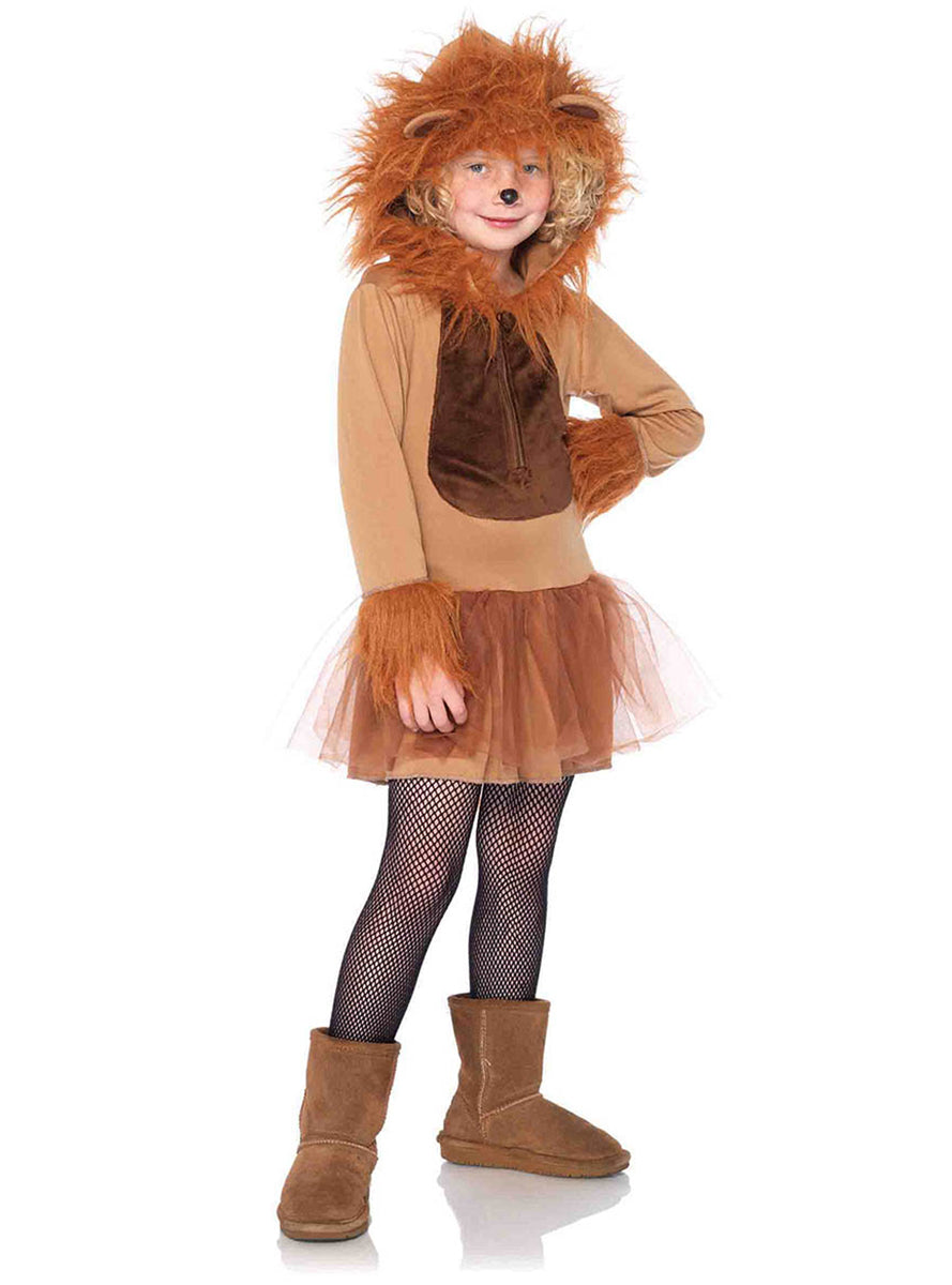 Girls Brown Cuddly Lion Hooded Animal Costume Side Image