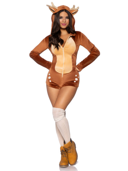 Womens Sexy Brown Fawn Plush Animal Romper Costume Main Image