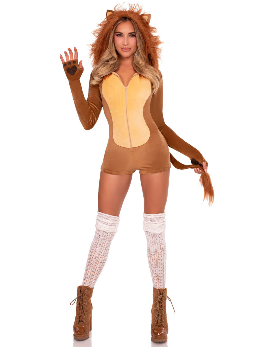 Womens Sexy Brown Lion Hooded Animal Romper Costume Main Image