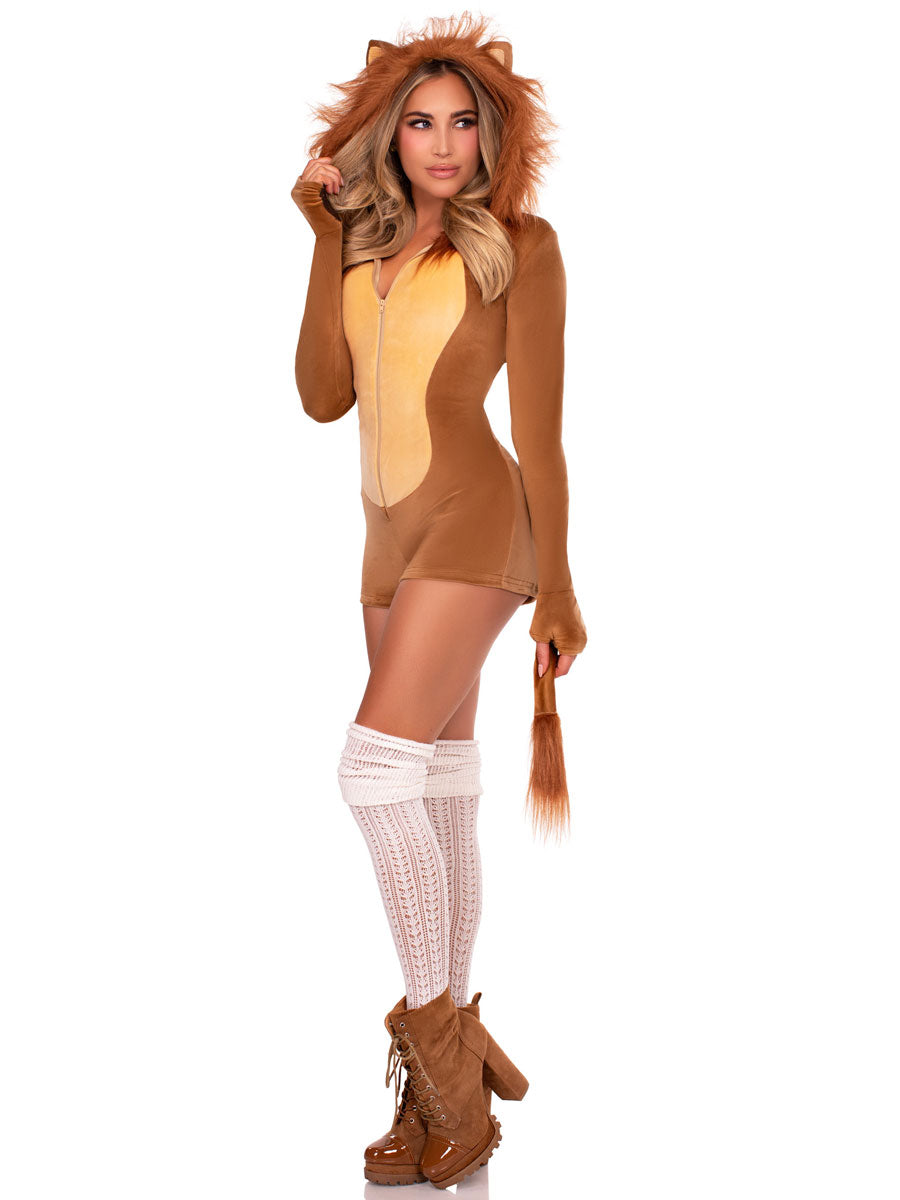 Womens Sexy Brown Lion Hooded Animal Romper Costume Side Image