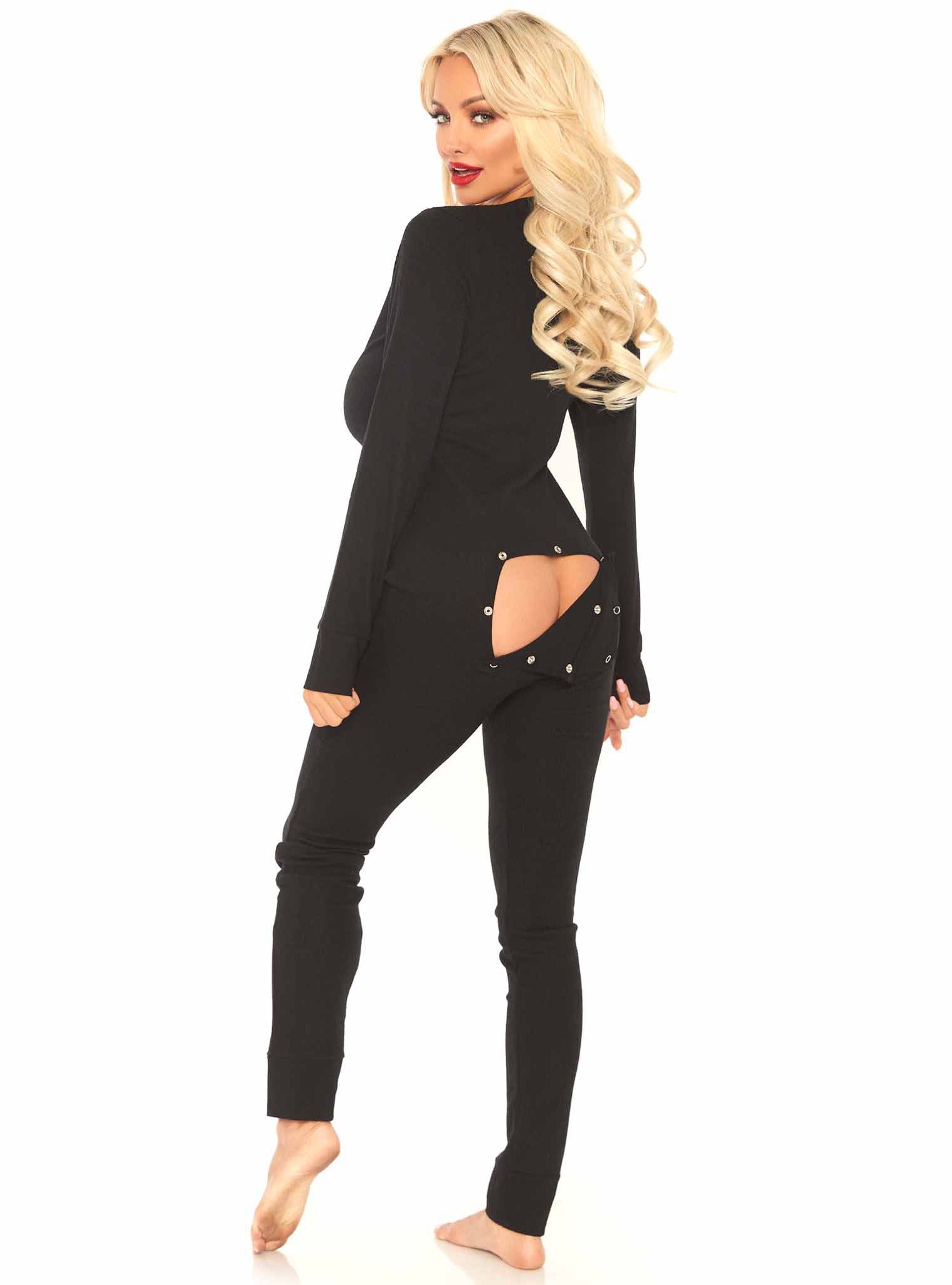 Brushed Rib Black Jumpsuit with Back Flap