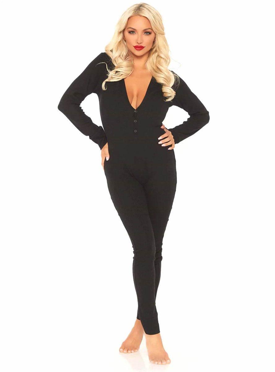 Brushed Rib Black Jumpsuit with Back Flap