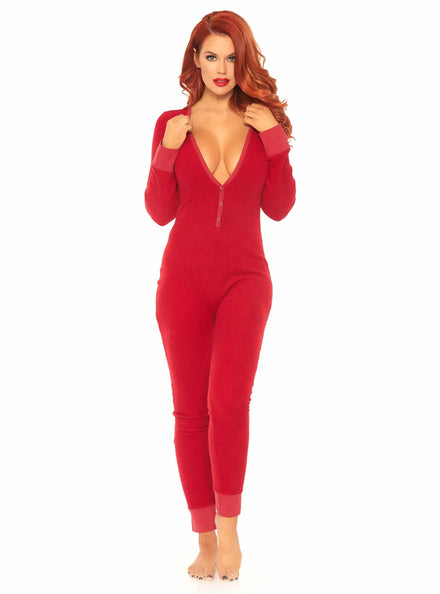 Brushed Rib Red Jumpsuit with Back Flap