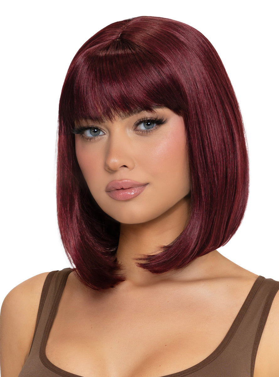 Womens Burgundy Angled Bob Costume Wig With Front Fringe