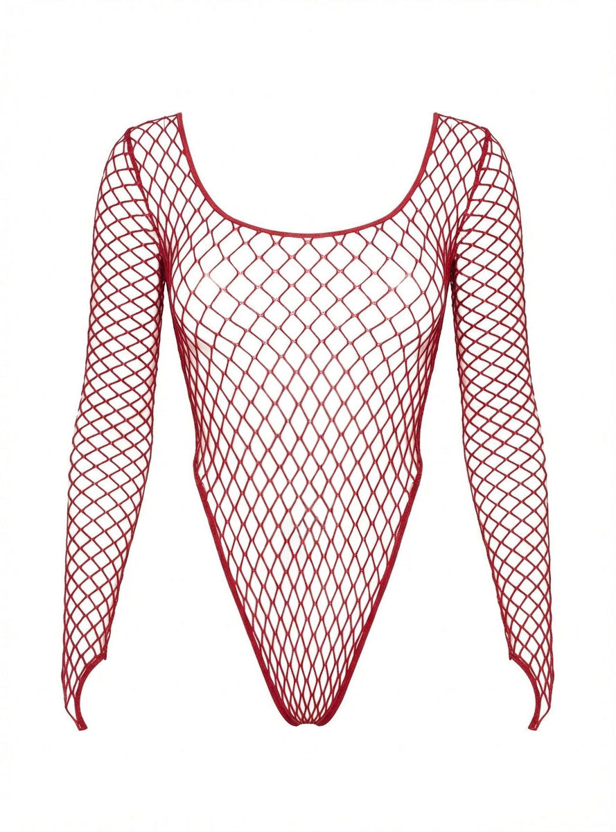 Burgundy Wide Fishnet Long Sleeve Bodysuit Alternate Image