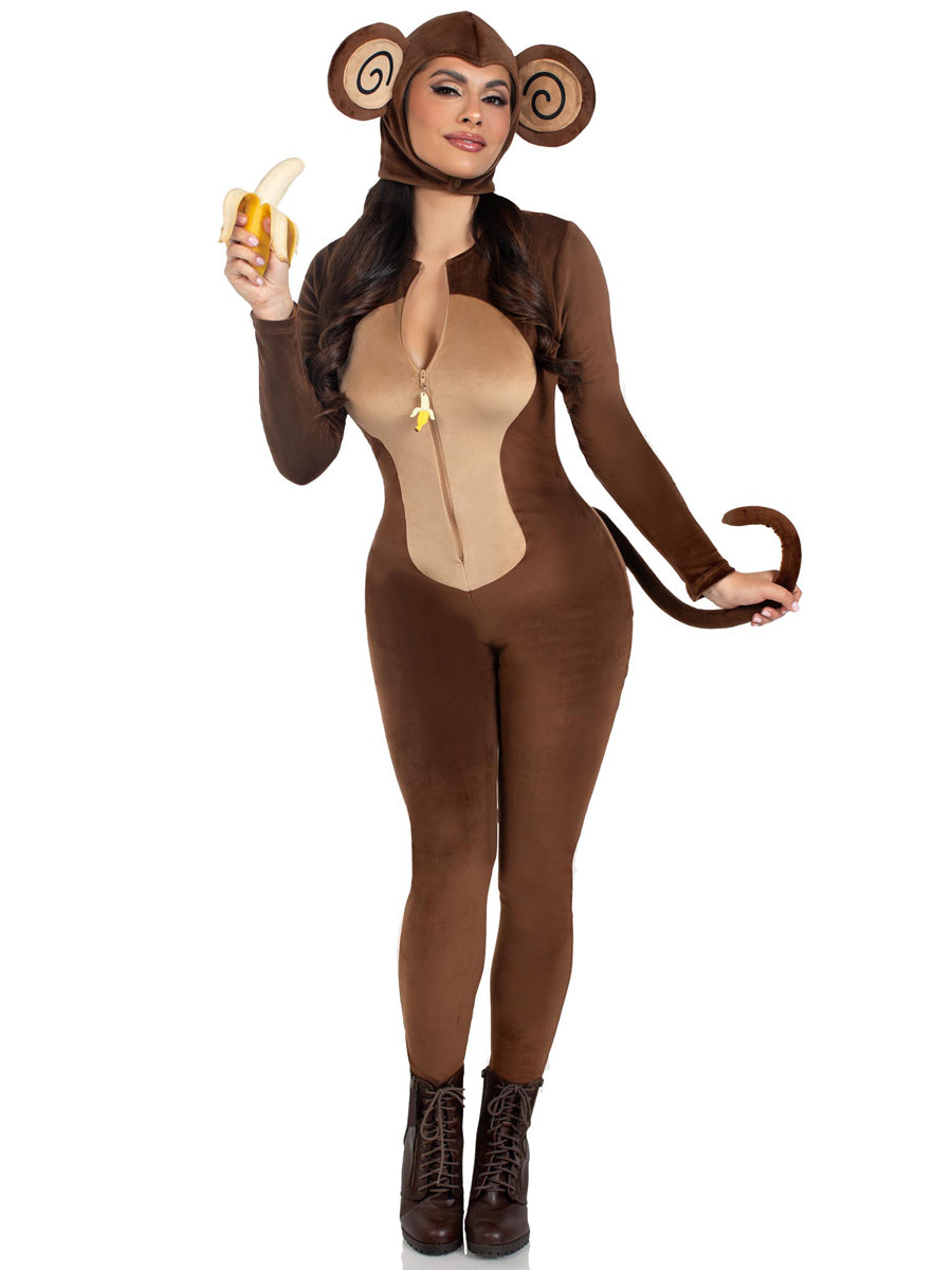 Womens Sexy Brown Cheeky Monkey Plush Animal Catsuit Costume Main Image