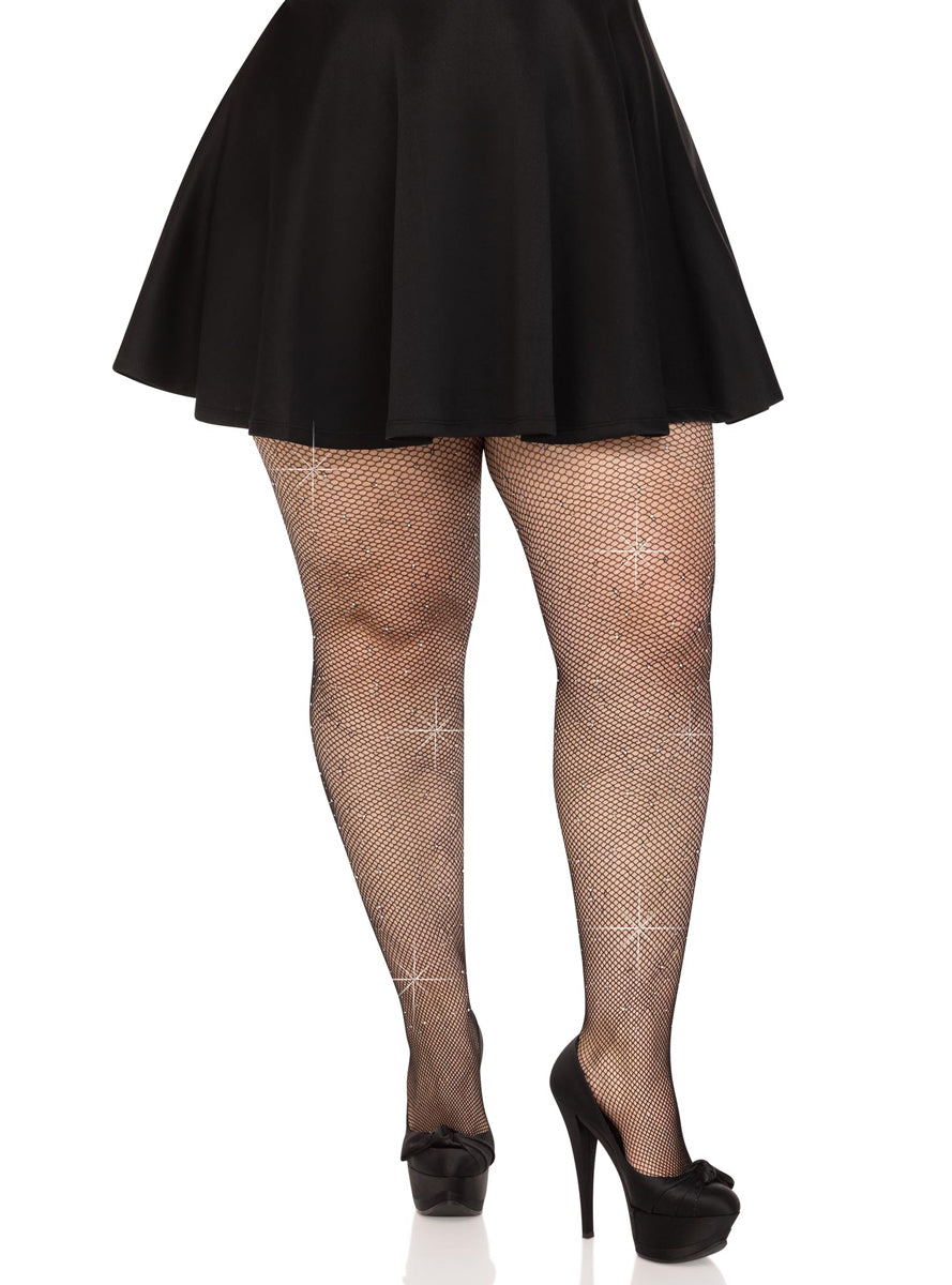 Plus Size Womens Black Crystalized Fishnet Costume Tights With Rhinestones Alternative Image