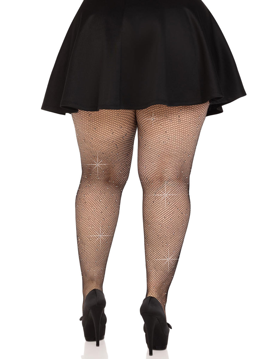 Plus Size Womens Black Crystalized Fishnet Costume Tights With Rhinestones Back Image