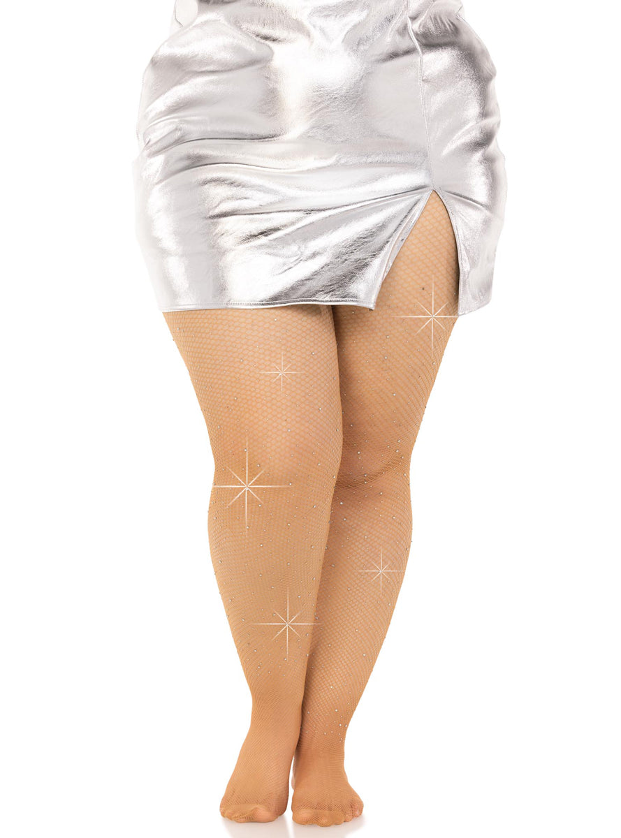 Plus Size Womens Caramel Crystalized Fishnet Costume Tights With Rhinestones Alternative Image