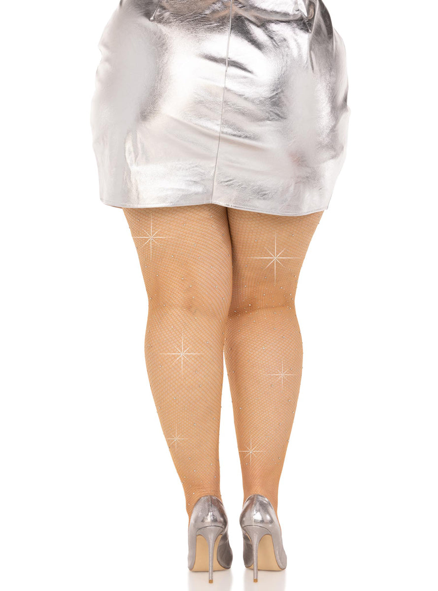 Plus Size Womens Caramel Crystalized Fishnet Costume Tights With Rhinestones Back Image