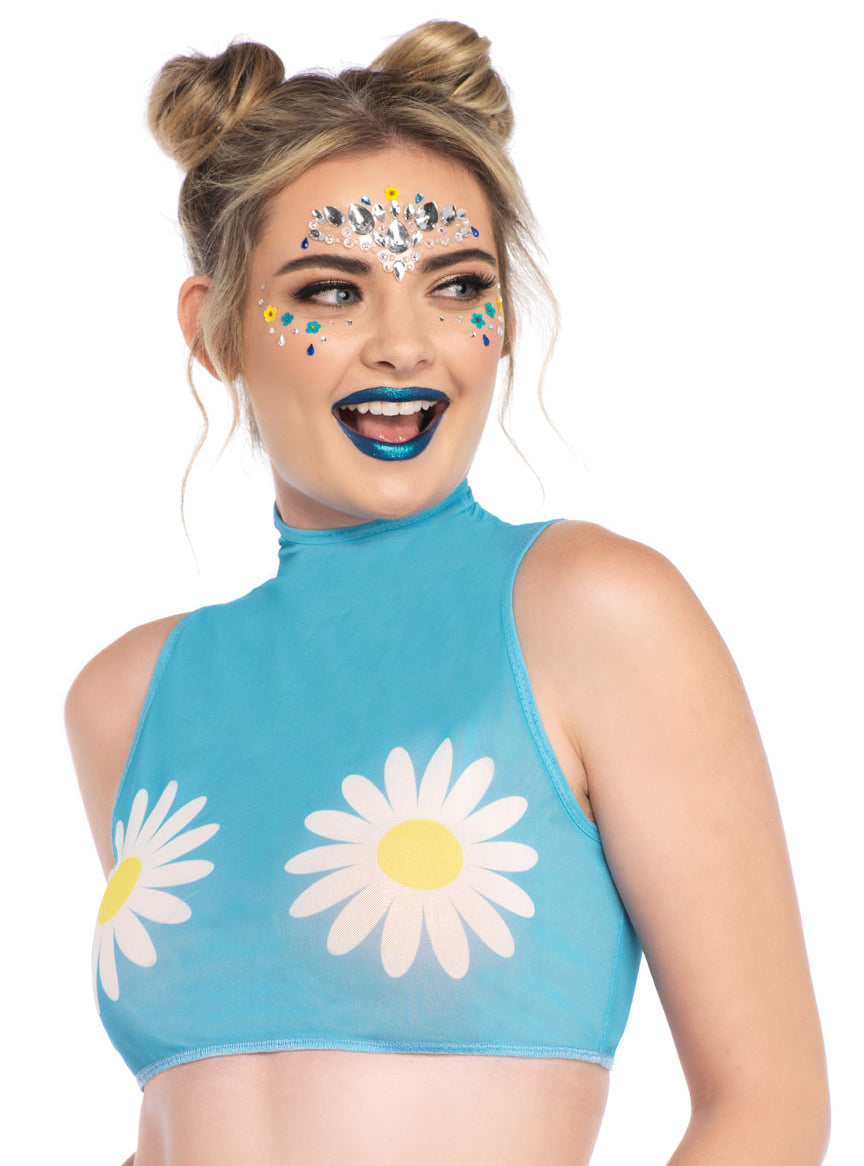 Womens Blue Daisy Print Mesh High Neck Festival Costume Crop Top Alternative Image 1