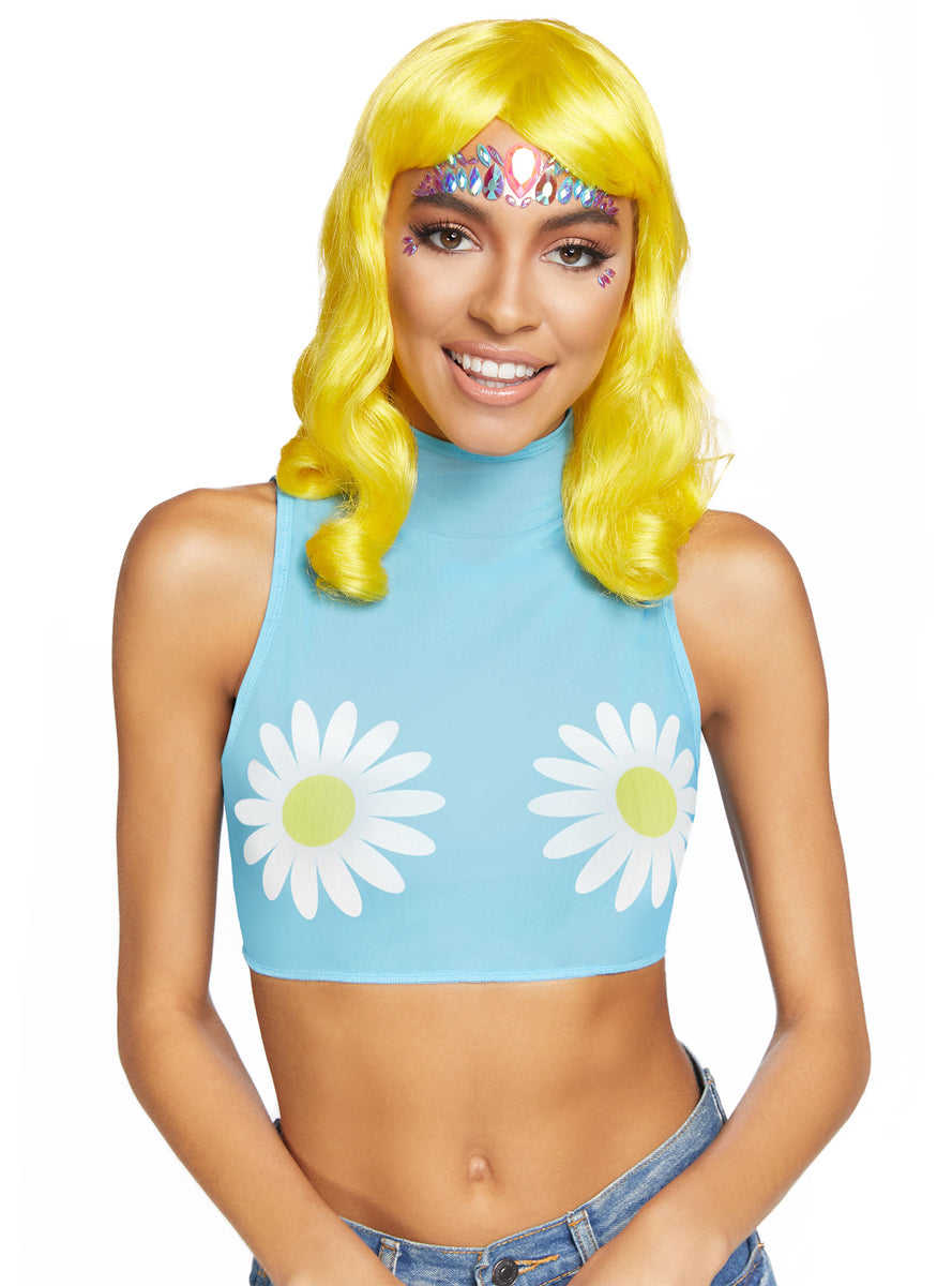 Womens Blue Daisy Print Mesh High Neck Festival Costume Crop Top Main Image
